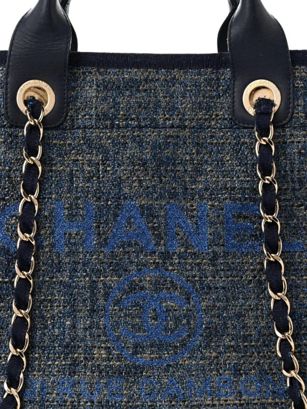 Chanel Lurex Canvas Medium Deauville Tote Navy Blue Shoulder Bag Shopper CC Logo